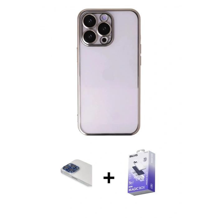 MARSİLYAN™- iPhone 13 Pro Max Kılıf Vadi Minimal - Siyah Bilvis 5in1 5D Magic Hayalet Cam Ekran Koruyucu + Pers Alüminyum Kamera Lens - LT