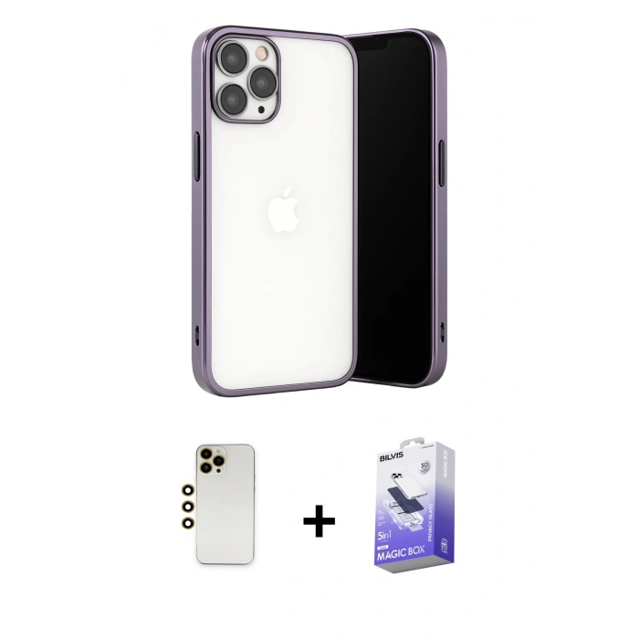 MARSİLYAN™- iPhone 13 Pro Max Kılıf Vadi Minimal - Siyah Bilvis 5in1 5D Magic Hayalet Cam Ekran Koruyucu + Gold Shine Kamera Lens