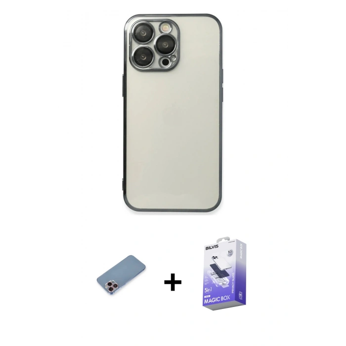 MARSİLYAN™- iPhone 13 Pro Max Kılıf Vadi Minimal - Siyah Bilvis 5in1 5D Magic Hayalet Cam Ekran Koruyucu + Shine Kamera Lens Koruma Cam - PE