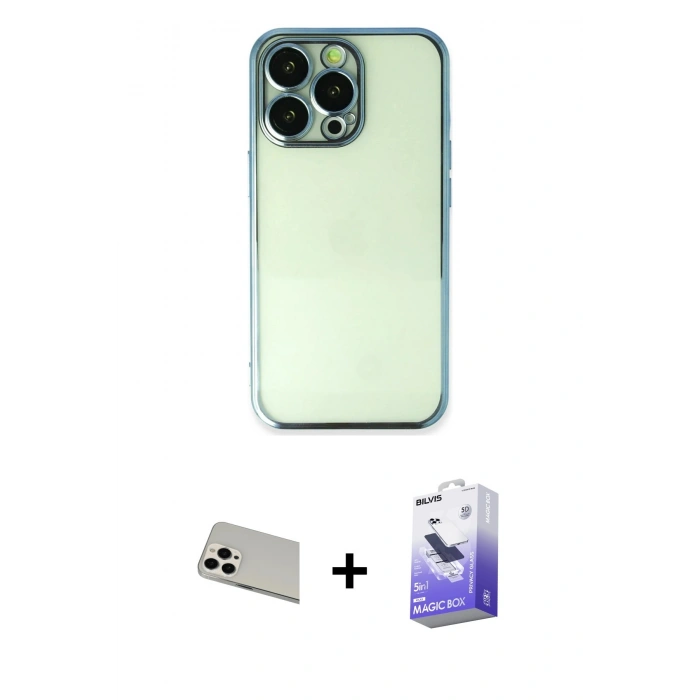 MARSİLYAN™- iPhone 13 Pro Max Kılıf Vadi Minimal - Siyah Bilvis 5in1 5D Magic Hayalet Cam Ekran Koruyucu + Rainbow Kamera Lens Koruma Cam - BZ