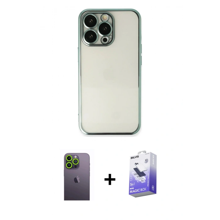 MARSİLYAN™- iPhone 13 Pro Max Kılıf Vadi Minimal - Siyah Bilvis 5in1 5D Magic Hayalet Cam Ekran Koruyucu + Neon Fosforlu Kamera Lens - YL