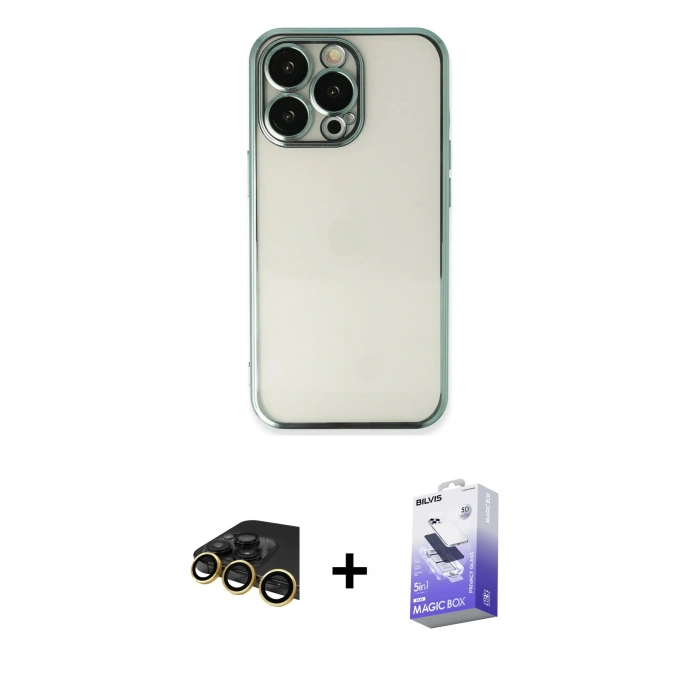 MARSİLYAN™- iPhone 13 Pro Max Kılıf Vadi Minimal - Siyah Bilvis 5in1 5D Magic Hayalet Cam Ekran Koruyucu + Raze Metal Kamera Lens - GD