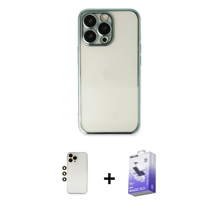MARSİLYAN™- iPhone 13 Pro Max Kılıf Vadi Minimal - Siyah Bilvis 5in1 5D Magic Hayalet Cam Ekran Koruyucu + Gold Shine Kamera Lens