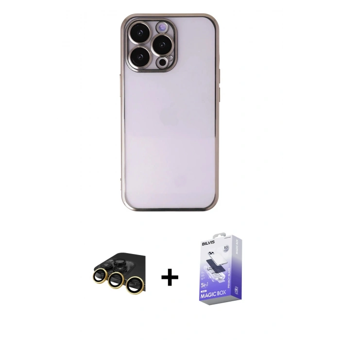 MARSİLYAN™- iPhone 13 Pro Max Kılıf Vadi Minimal - Siyah Bilvis 5in1 5D Magic Hayalet Cam Ekran Koruyucu + Raze Metal Kamera Lens - GD