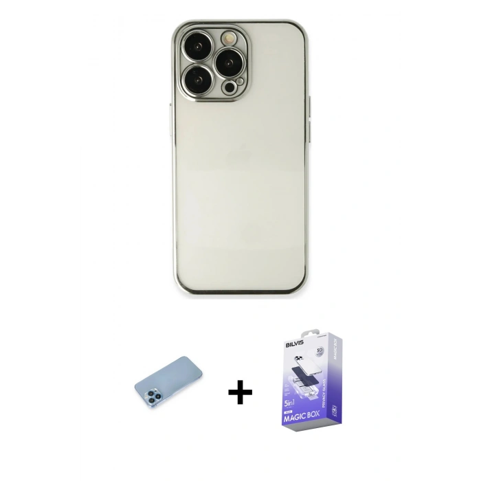 MARSİLYAN™- iPhone 13 Pro Max Kılıf Vadi Minimal - Siyah Bilvis 5in1 5D Magic Hayalet Cam Ekran Koruyucu + Mavi Shine Kamera Lens Koruma Cam