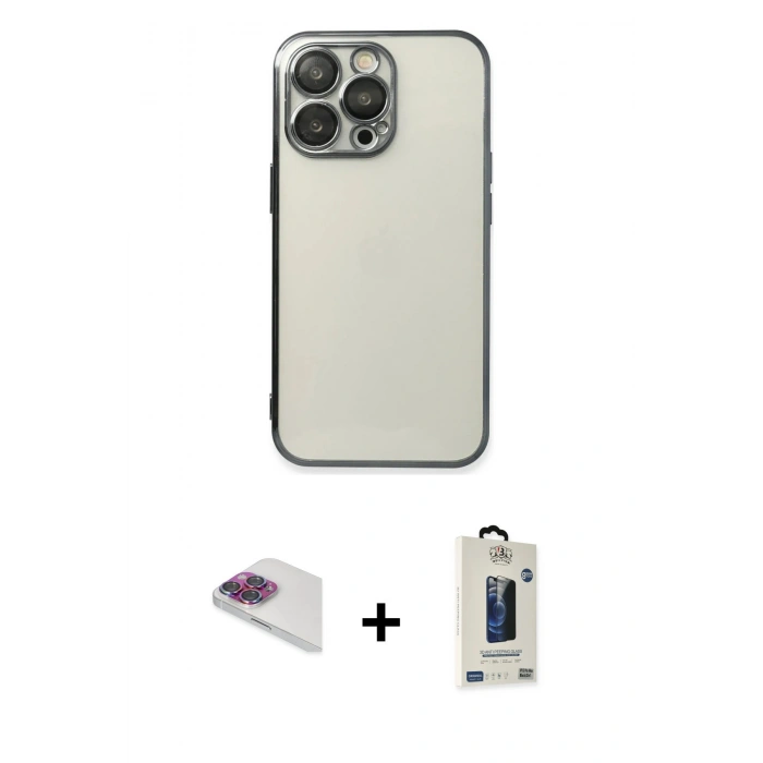 MARSİLYAN™- iPhone 13 Pro Max Kılıf Vadi Minimal - Siyah Bilvis Hayalet Cam Ekran Koruyucu + Pers Alüminyum Kamera Lens - GI