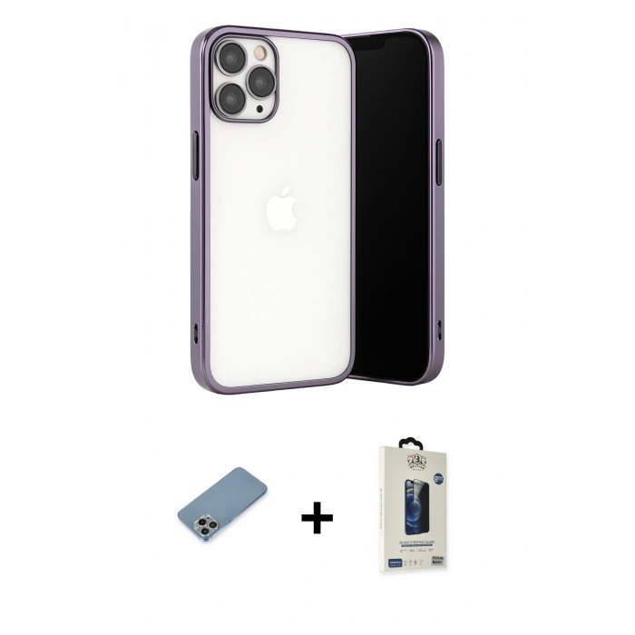 MARSİLYAN™- iPhone 13 Pro Max Kılıf Vadi Minimal - Siyah Bilvis Hayalet Cam Ekran Koruyucu + Shine Kamera Lens Koruma Cam - GI