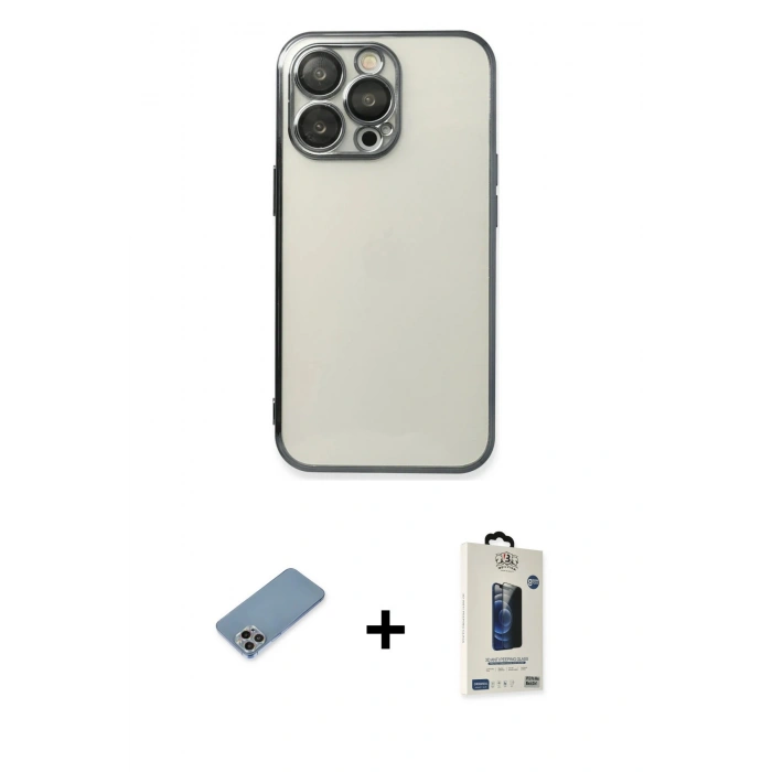 MARSİLYAN™- iPhone 13 Pro Max Kılıf Vadi Minimal - Siyah Bilvis Hayalet Cam Ekran Koruyucu + Shine Kamera Lens Koruma Cam - GI