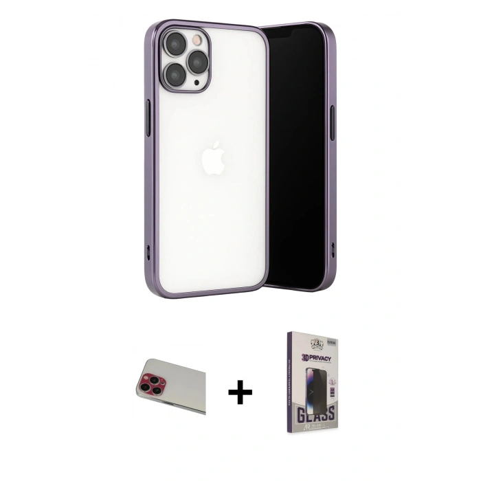 MARSİLYAN™- iPhone 13 Pro Max Kılıf Vadi Minimal - Siyah Bilvis Hayalet Cam Ekran Koruyucu + Rainbow Kamera Lens Koruma Cam - KI