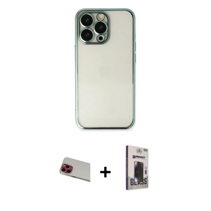 MARSİLYAN™- iPhone 13 Pro Max Kılıf Vadi Minimal - Siyah Bilvis Hayalet Cam Ekran Koruyucu + Rainbow Kamera Lens Koruma Cam - KI