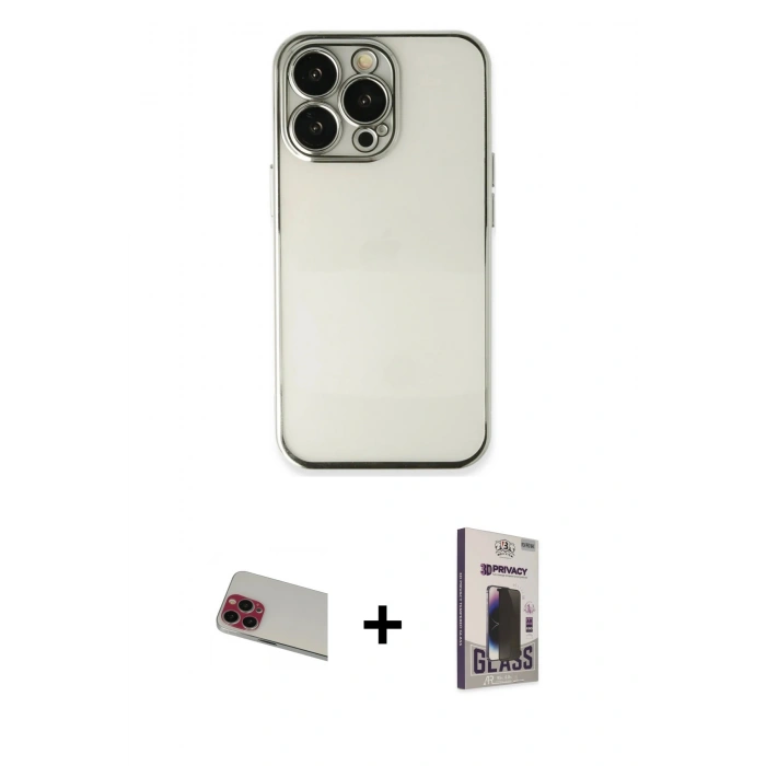MARSİLYAN™- iPhone 13 Pro Max Kılıf Vadi Minimal - Siyah Bilvis Hayalet Cam Ekran Koruyucu + Rainbow Kamera Lens Koruma Cam - KI