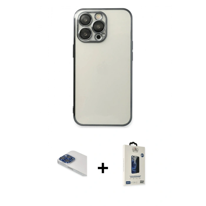 MARSİLYAN™- iPhone 13 Pro Max Kılıf Vadi Minimal - Siyah Bilvis Hayalet Cam Ekran Koruyucu + Pers Alüminyum Kamera Lens - LT