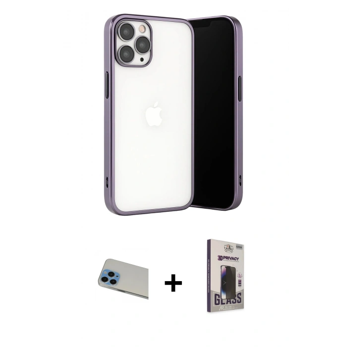 MARSİLYAN™- iPhone 13 Pro Max Kılıf Vadi Minimal - Siyah Bilvis Hayalet Cam Ekran Koruyucu + Rainbow Kamera Lens Koruma Cam - MI