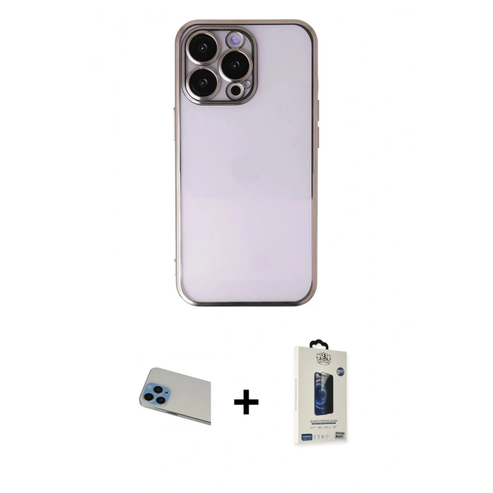 MARSİLYAN™- iPhone 13 Pro Max Kılıf Vadi Minimal - Siyah Bilvis Hayalet Cam Ekran Koruyucu + Mavi Rainbow Kamera Lens Koruma Cam