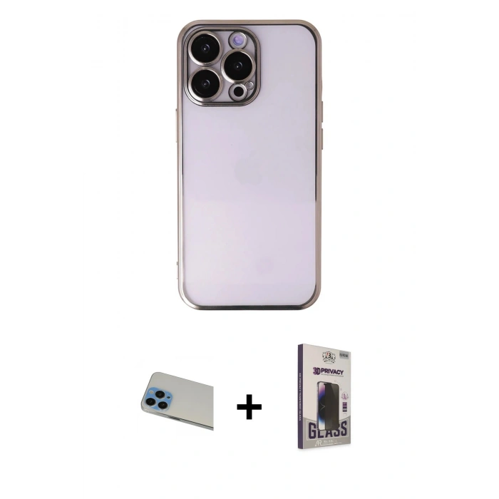 MARSİLYAN™- iPhone 13 Pro Max Kılıf Vadi Minimal - Siyah Bilvis Hayalet Cam Ekran Koruyucu + Rainbow Kamera Lens Koruma Cam - MI