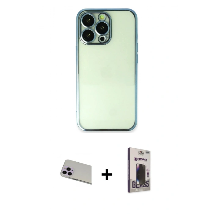 MARSİLYAN™- iPhone 13 Pro Max Kılıf Vadi Minimal - Siyah Bilvis Hayalet Cam Ekran Koruyucu + Rainbow Kamera Lens Koruma Cam - MR