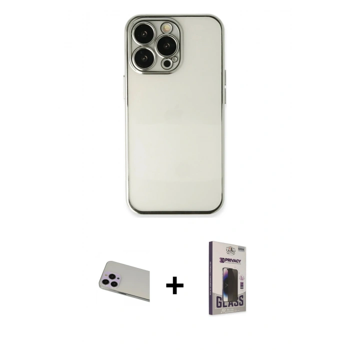 MARSİLYAN™- iPhone 13 Pro Max Kılıf Vadi Minimal - Siyah Bilvis Hayalet Cam Ekran Koruyucu + Rainbow Kamera Lens Koruma Cam - MR
