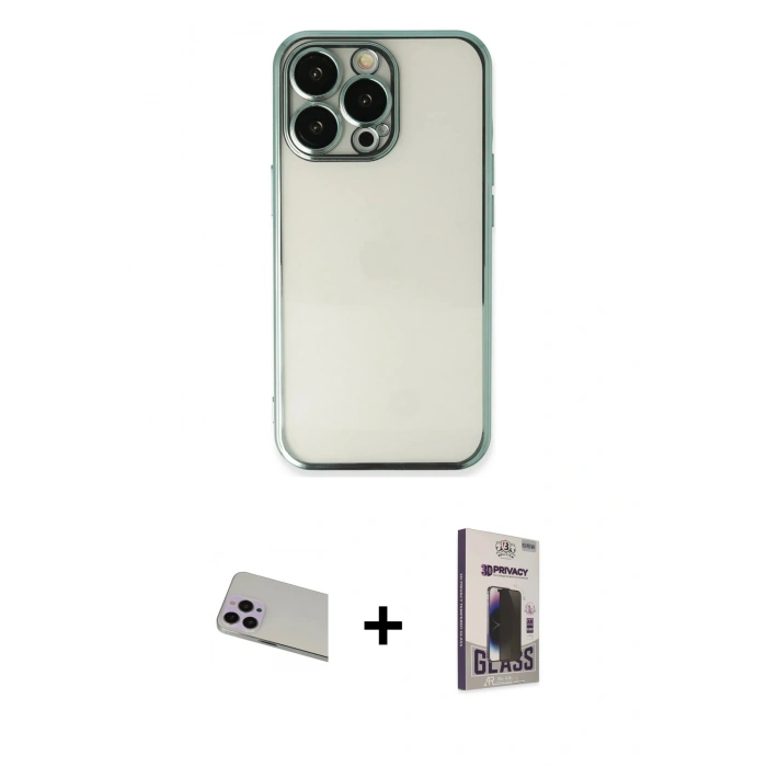 MARSİLYAN™- iPhone 13 Pro Max Kılıf Vadi Minimal - Siyah Bilvis Hayalet Cam Ekran Koruyucu + Rainbow Kamera Lens Koruma Cam - MR