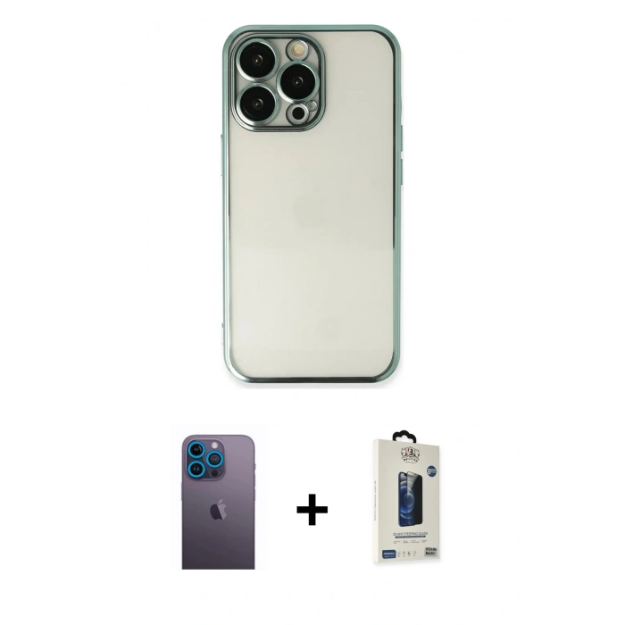 MARSİLYAN™- iPhone 13 Pro Max Kılıf Vadi Minimal - Siyah Bilvis Hayalet Cam Ekran Koruyucu + Neon Fosforlu Kamera Lens - MI