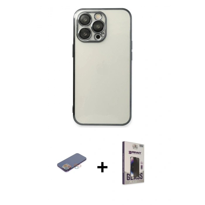 MARSİLYAN™- iPhone 13 Pro Max Kılıf Vadi Minimal - Siyah Bilvis Hayalet Cam Ekran Koruyucu + Pembe Renkli Kamera Lens Koruma Cam