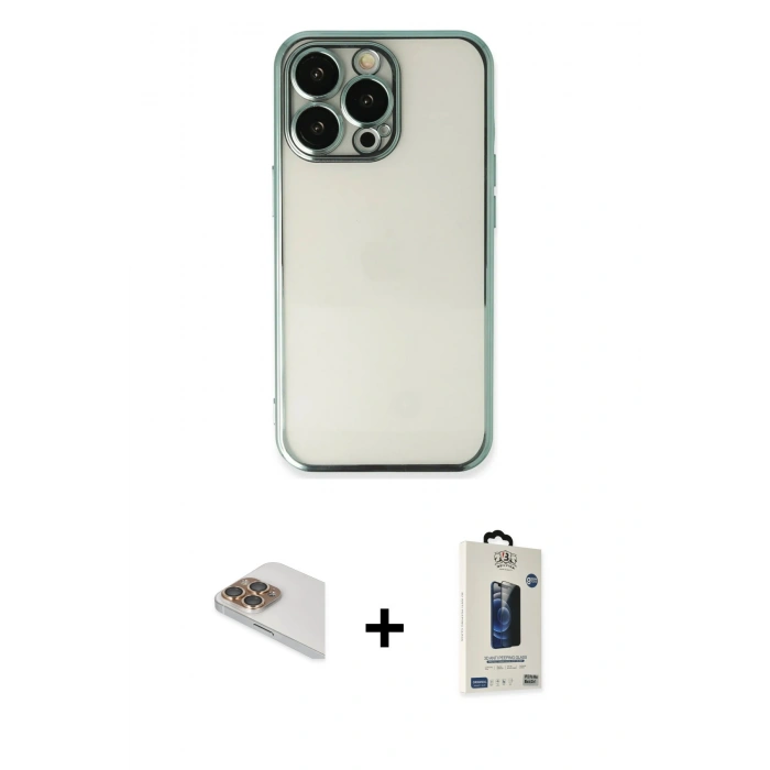 MARSİLYAN™- iPhone 13 Pro Max Kılıf Vadi Minimal - Siyah Bilvis Hayalet Cam Ekran Koruyucu + Pers Alüminyum Kamera Lens - GD