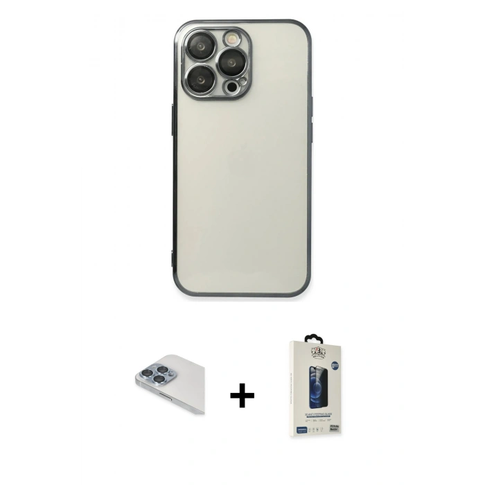 MARSİLYAN™- iPhone 13 Pro Max Kılıf Vadi Minimal - Siyah Bilvis Hayalet Cam Ekran Koruyucu + Pers Alüminyum Kamera Lens - SABE