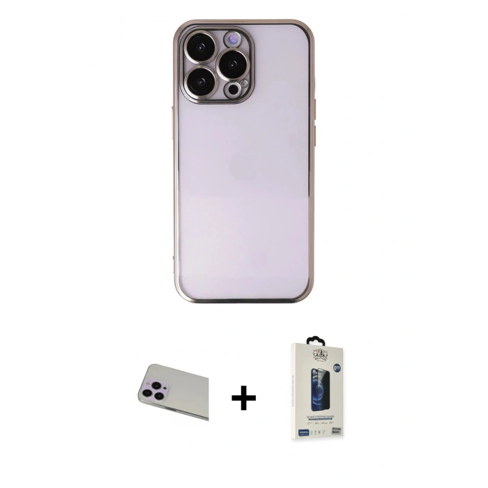 MARSİLYAN™- iPhone 13 Pro Max Kılıf Vadi Minimal - Siyah Bilvis Hayalet Cam Ekran Koruyucu + Rainbow Kamera Lens Koruma Cam - MR