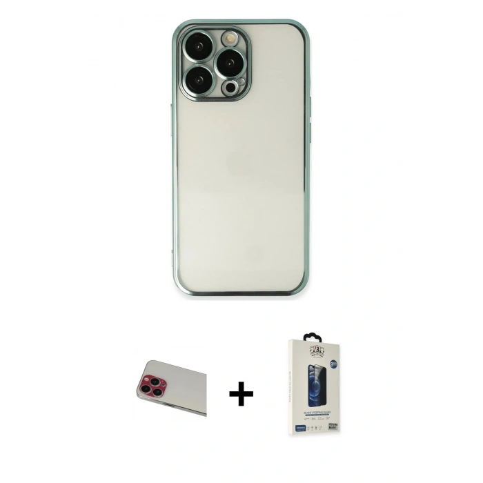 MARSİLYAN™- iPhone 13 Pro Max Kılıf Vadi Minimal - Siyah Bilvis Hayalet Cam Ekran Koruyucu + Rainbow Kamera Lens Koruma Cam - KI