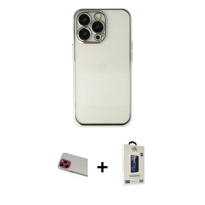 MARSİLYAN™- iPhone 13 Pro Max Kılıf Vadi Minimal - Siyah Bilvis Hayalet Cam Ekran Koruyucu + Rainbow Kamera Lens Koruma Cam - KI