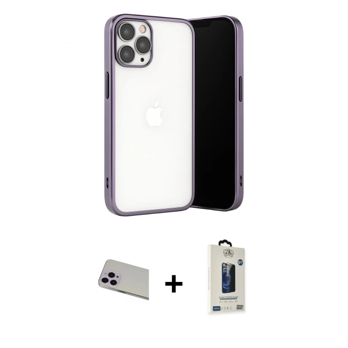 MARSİLYAN™- iPhone 13 Pro Max Kılıf Vadi Minimal - Siyah Bilvis Hayalet Cam Ekran Koruyucu + Rainbow Kamera Lens Koruma Cam - MR
