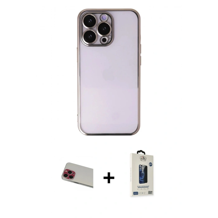 MARSİLYAN™- iPhone 13 Pro Max Kılıf Vadi Minimal - Siyah Bilvis Hayalet Cam Ekran Koruyucu + Rainbow Kamera Lens Koruma Cam - KI