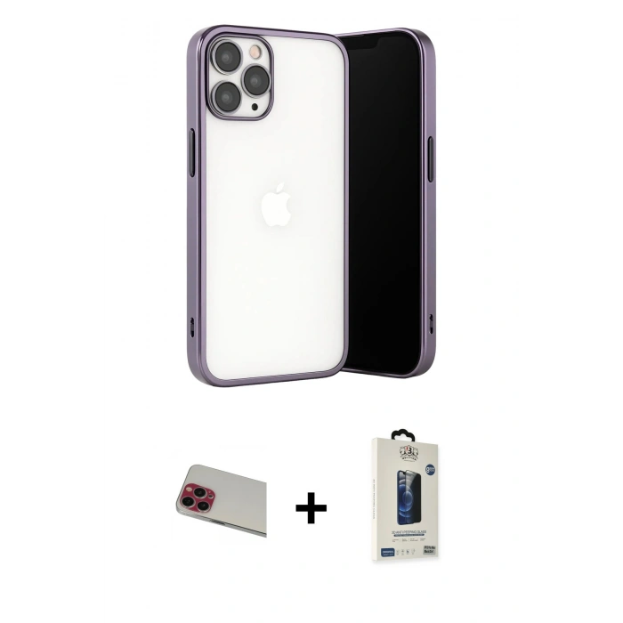 MARSİLYAN™- iPhone 13 Pro Max Kılıf Vadi Minimal - Siyah Bilvis Hayalet Cam Ekran Koruyucu + Rainbow Kamera Lens Koruma Cam - KI