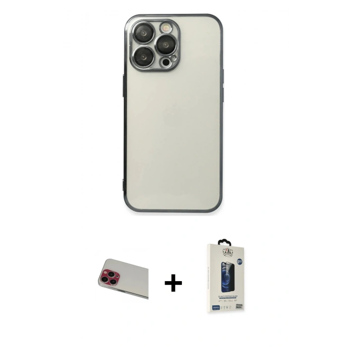 MARSİLYAN™- iPhone 13 Pro Max Kılıf Vadi Minimal - Siyah Bilvis Hayalet Cam Ekran Koruyucu + Rainbow Kamera Lens Koruma Cam - KI