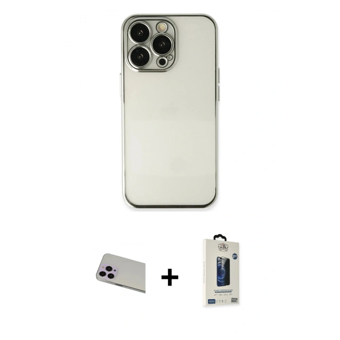 MARSİLYAN™- iPhone 13 Pro Max Kılıf Vadi Minimal - Siyah Bilvis Hayalet Cam Ekran Koruyucu + Rainbow Kamera Lens Koruma Cam - MR