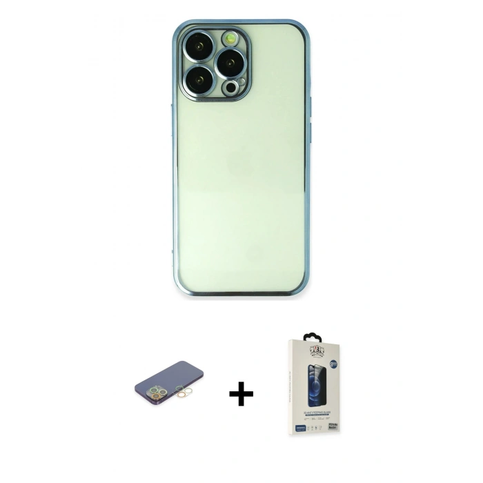 MARSİLYAN™- iPhone 13 Pro Max Kılıf Vadi Minimal - Siyah Bilvis Hayalet Cam Ekran Koruyucu + Renkli Kamera Lens Koruma Cam - SI