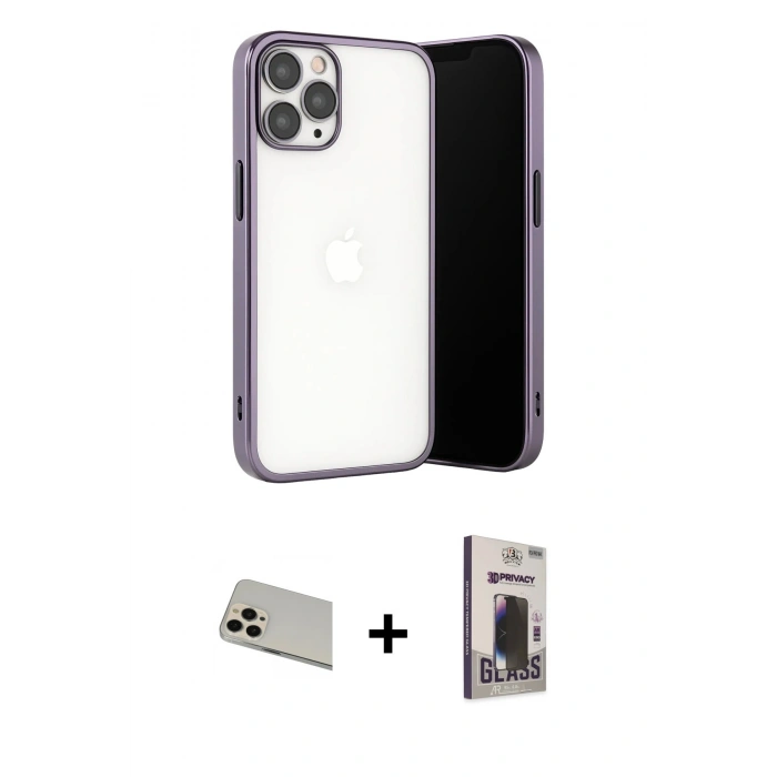 MARSİLYAN™- iPhone 13 Pro Max Kılıf Vadi Minimal - Siyah Bilvis Hayalet Cam Ekran Koruyucu + Rainbow Kamera Lens Koruma Cam - REGD