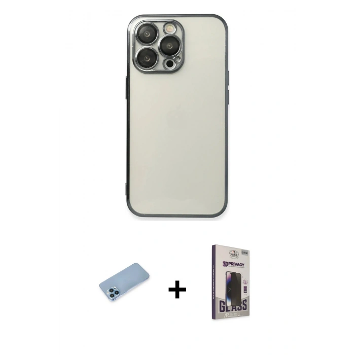 MARSİLYAN™- iPhone 13 Pro Max Kılıf Vadi Minimal - Siyah Bilvis Hayalet Cam Ekran Koruyucu + Shine Kamera Lens Koruma Cam - MI