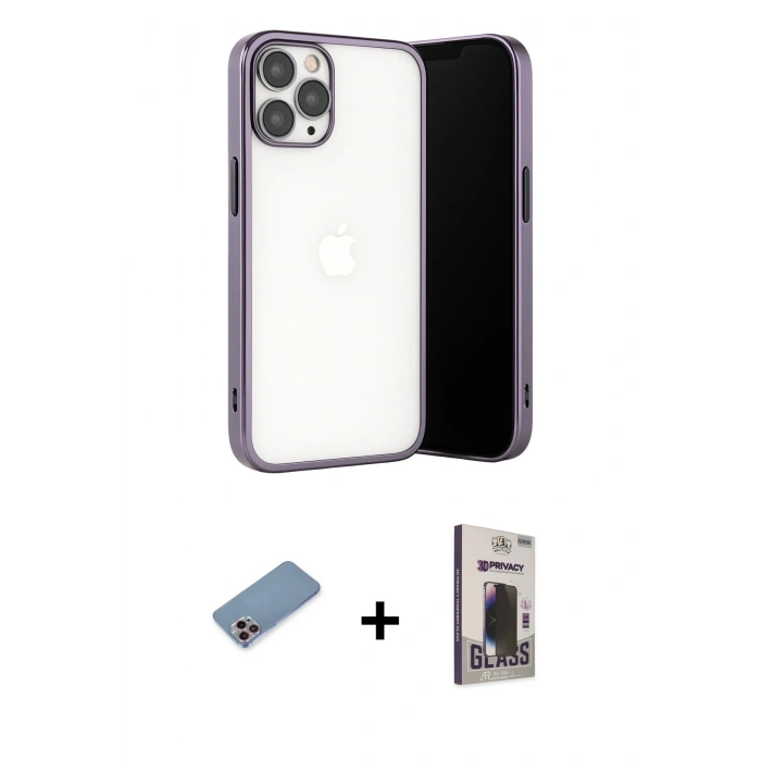 MARSİLYAN™- iPhone 13 Pro Max Kılıf Vadi Minimal - Siyah Bilvis Hayalet Cam Ekran Koruyucu + Shine Kamera Lens Koruma Cam - PE