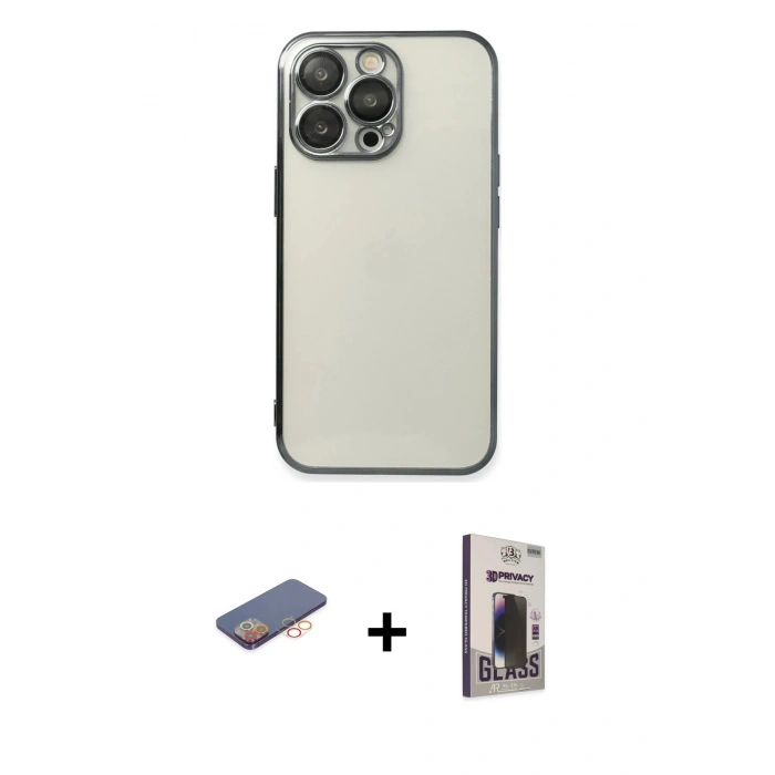 MARSİLYAN™- iPhone 13 Pro Max Kılıf Vadi Minimal - Siyah Bilvis Hayalet Cam Ekran Koruyucu + Renkli Kamera Lens Koruma Cam - TU