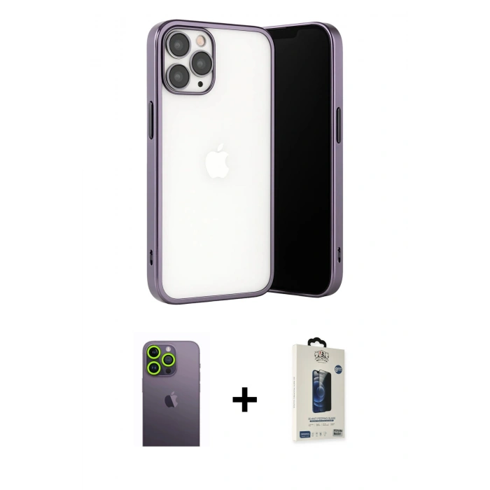 MARSİLYAN™- iPhone 13 Pro Max Kılıf Vadi Minimal - Siyah Bilvis Hayalet Cam Ekran Koruyucu + Neon Fosforlu Kamera Lens - YL