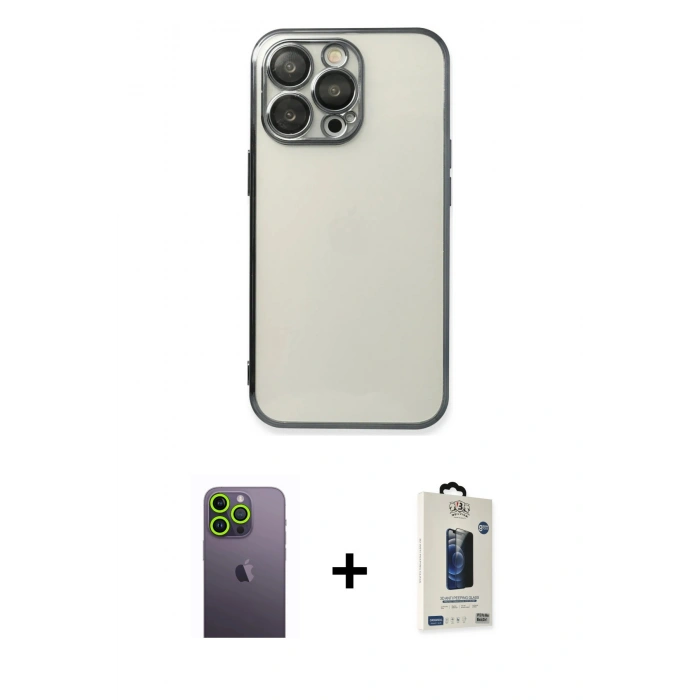 MARSİLYAN™- iPhone 13 Pro Max Kılıf Vadi Minimal - Siyah Bilvis Hayalet Cam Ekran Koruyucu + Neon Fosforlu Kamera Lens - YL