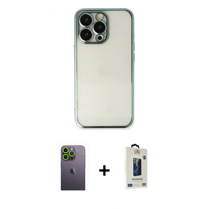 MARSİLYAN™- iPhone 13 Pro Max Kılıf Vadi Minimal - Siyah Bilvis Hayalet Cam Ekran Koruyucu + Neon Fosforlu Kamera Lens - YL