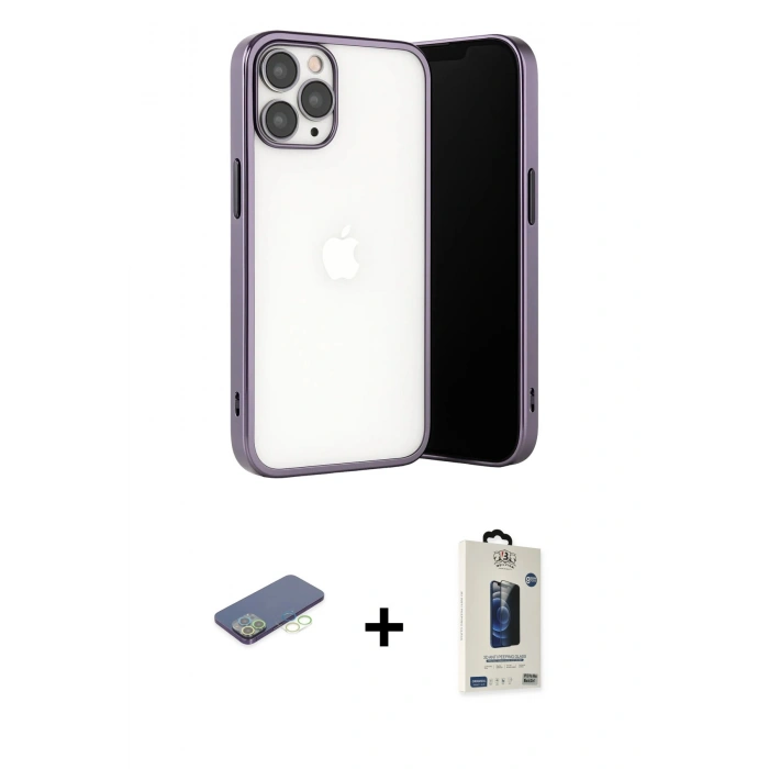 MARSİLYAN™- iPhone 13 Pro Max Kılıf Vadi Minimal - Siyah Bilvis Hayalet Cam Ekran Koruyucu + Renkli Kamera Lens Koruma Cam - YL