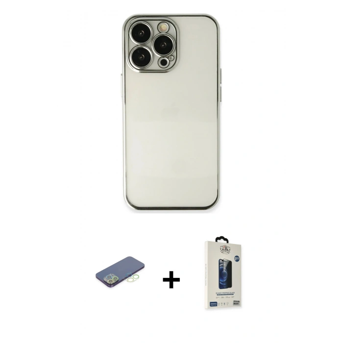 MARSİLYAN™- iPhone 13 Pro Max Kılıf Vadi Minimal - Siyah Bilvis Hayalet Cam Ekran Koruyucu + Renkli Kamera Lens Koruma Cam - YL