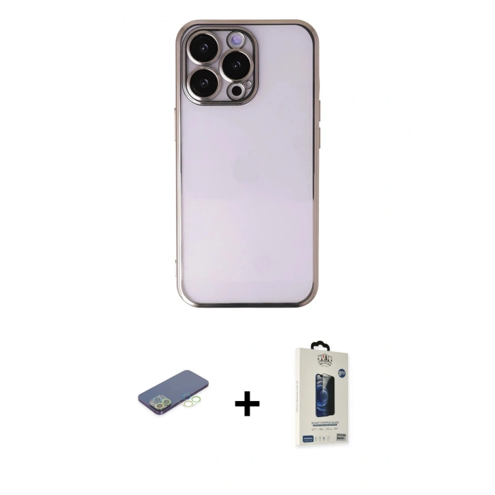 MARSİLYAN™- iPhone 13 Pro Max Kılıf Vadi Minimal - Siyah Bilvis Hayalet Cam Ekran Koruyucu + Renkli Kamera Lens Koruma Cam - YL
