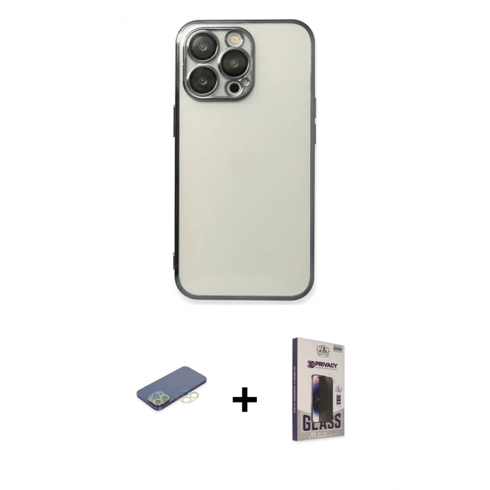 MARSİLYAN™- iPhone 13 Pro Max Kılıf Vadi Minimal - Siyah Bilvis Hayalet Cam Ekran Koruyucu + Renkli Kamera Lens Koruma Cam - YL
