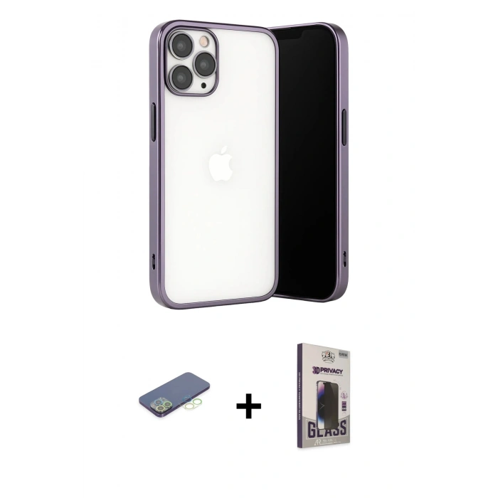 MARSİLYAN™- iPhone 13 Pro Max Kılıf Vadi Minimal - Siyah Bilvis Hayalet Cam Ekran Koruyucu + Renkli Kamera Lens Koruma Cam - YL