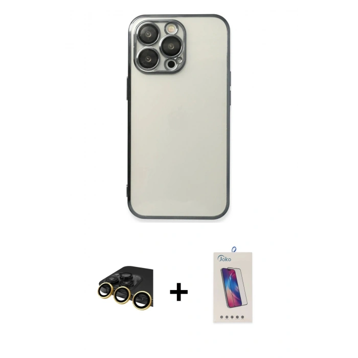 MARSİLYAN™- iPhone 13 Pro Max Kılıf Vadi Minimal - Siyah Joko 5D Cam + Raze Metal Kamera Lens - GD
