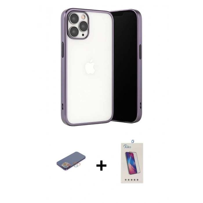 MARSİLYAN™- iPhone 13 Pro Max Kılıf Vadi Minimal - Siyah Joko 5D Cam + Pembe Renkli Kamera Lens Koruma Cam