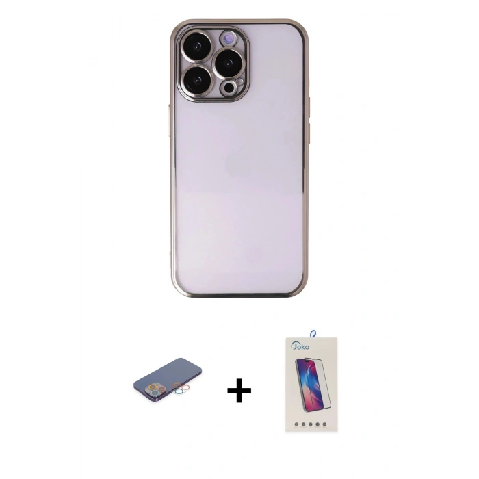 MARSİLYAN™- iPhone 13 Pro Max Kılıf Vadi Minimal - Siyah Joko 5D Cam + Pembe Renkli Kamera Lens Koruma Cam